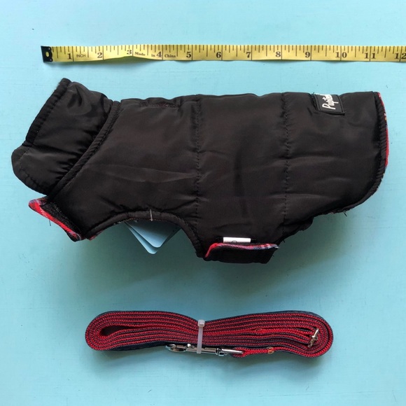 NEW REVERSIBLE Dog Coat XS Plaid Red Black + Red / Denim Leash - Picture 10 of 15